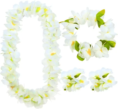 Miniatura 8 de Hawaiian Leis 4-Piece Set Extra-Fluffy 80-Petal Density Silk Flower Necklace, Headband & 2 Wristbands Soft Tropical Luau Party Favors & Party