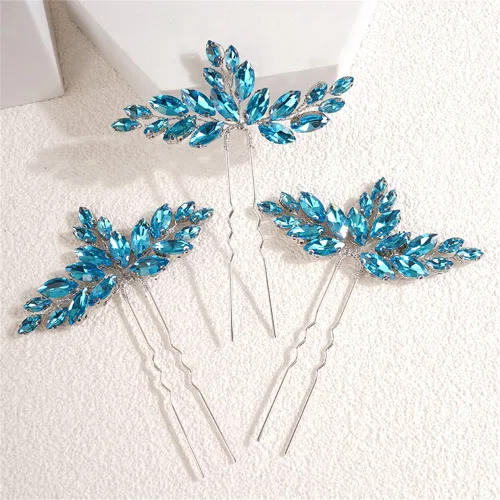 Miniatura 3 de Juego de horquillas y diadema de diamantes de imitación de cristal, piezas de lágrima para niñas de flores nupciales (3 piezas) (azul claro)
