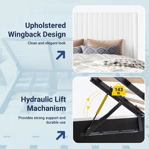 Miniatura 6 de Allewie Base de cama de almacenamiento elevable de tamaño matrimonial, sistema de soporte hidráulico, marco de cama de plataforma tapizada
