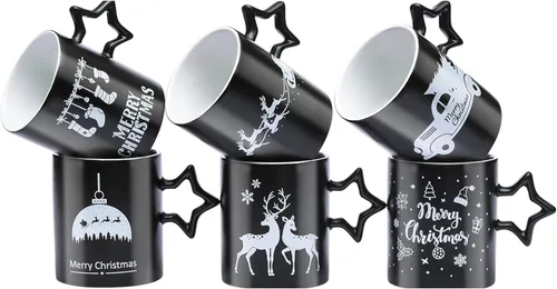 Miniatura 2 de Bruntmor Tazas de café negras con mango de estrella, juego de 6 tazas grandes de 14 onzas para vacaciones de Año Nuevo, tazas decorativas