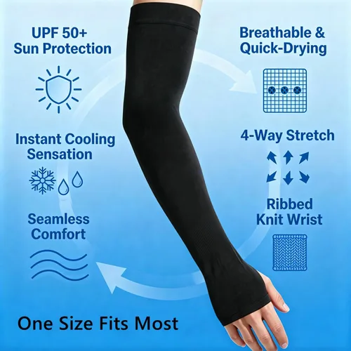 Miniatura 6 de Mangas de protección solar con orificios para el pulgar para hombres y mujeres, cubierta de compresión de enfriamiento para brazo UV, manga negro