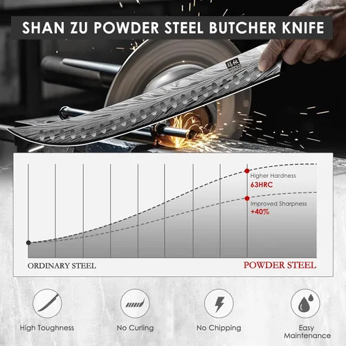 Miniatura 3 de SHAN ZU - Cuchillo de carnicero de acero en polvo de alto carbono, cuchillo de 12 pulgadas para cortar, deshuesar y rebanar carne con mango