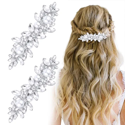 Miniatura 8 de WHAVEL 2 pinzas para el pelo de perlas, pinzas para el cabello con diamantes de imitación, accesorios de perlas para dama de honor, boda
