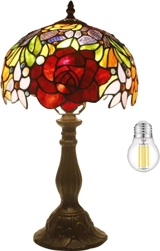 WERFACTORY Lámpara de mesa estilo Tiffany, lámpara de noche de vidrieras, luz de lectura de escritorio de rosa roja, 10 x 10 x 18 pulgadas,