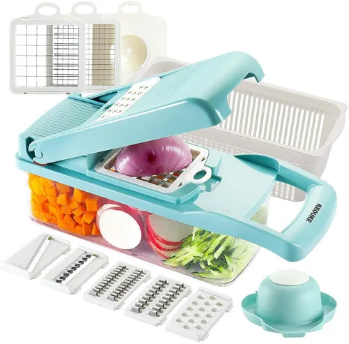 KEOUKE Cortador de Verduras Mandolina Rebanadora Azul - 12 en 1 Cuchillas Intercambiables Cortador de Alimentos con Contenedor, Protector de Manos y