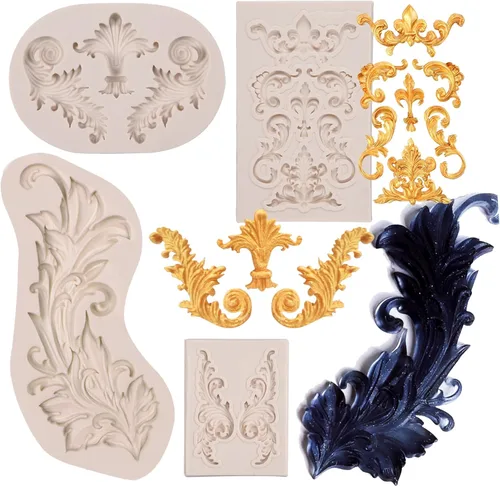 Moldes barrocos de silicona para fondant, (paquete de 4) Moldes de esquina de corona de plumas para decoración de pasteles de arcilla polimérica