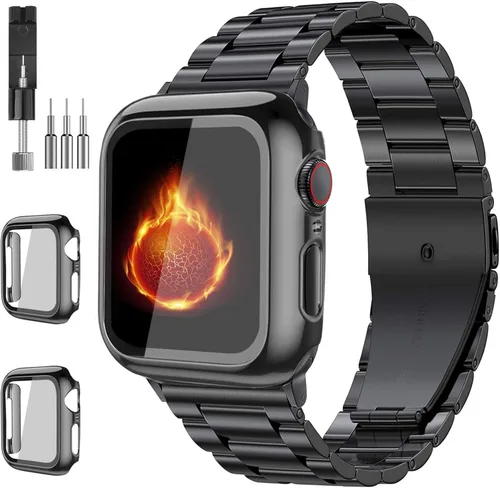 Bekomo Compatible with Apple Watch Band 49mm 46mm 44mm 45mm 42mm 40mm 38mm 41mm, Stainless Steel iWatch Bands with 2 Pack Tempered Glass Case for