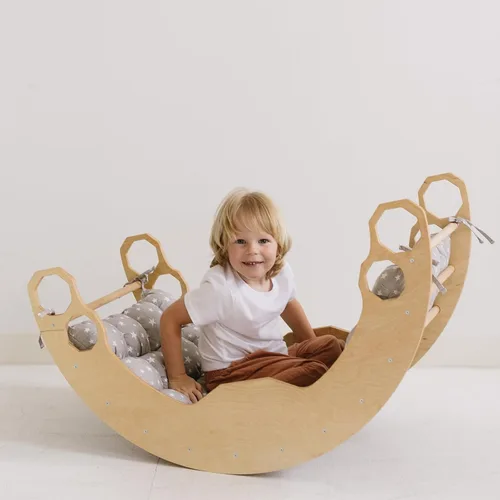 Miniatura 3 de WOOD&ROOM Montessori - Balancín de arco con cojín, escalador de arco de madera para niños pequeños, para interiores y niños, grande, gris, edades