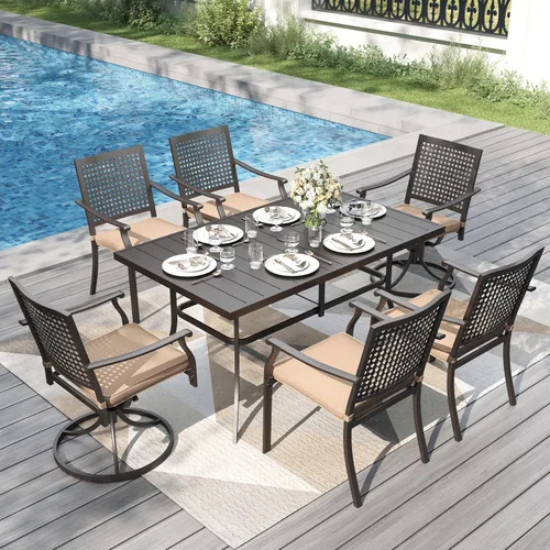 Miniatura 2 de PHI VILLA Mesa rectangular de comedor con listones de acero metálico para 6 personas con agujero ajustable para paraguas, resistente a la intemperie