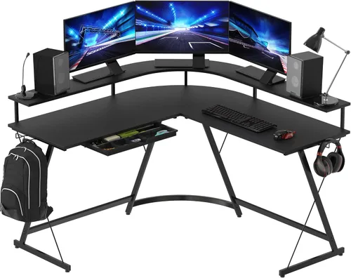 SHW Escritorio para juegos en forma de L con soporte de monitor y cajón completo, color negro