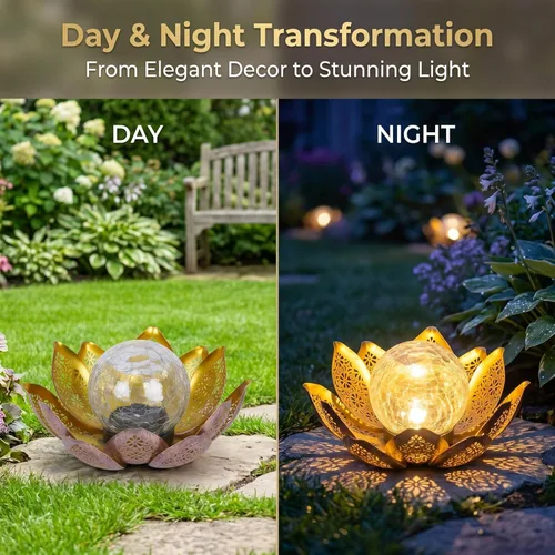 Miniatura 6 de DUSVALLY Luz solar de jardín flor de loto con globo de cristal agrietado, lámpara decorativa de metal para exteriores, luz LED impermeable