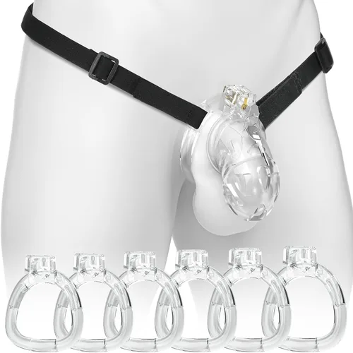 Miniatura 8 de Jaula de castidad masculina, jaula de polla grande de silicona suave y ligera con 6 tamaños de anillos y cerradura invisible para ejercicio del pene