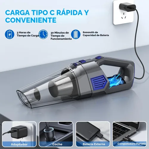 Miniatura 4 de Gxzsk Aspiradora de Mano Inalámbrica, 15000PA de Succión Fuerte Aspiradora de Mano Recargable para Coche, Aspiradora de Mano Portátil con Gris