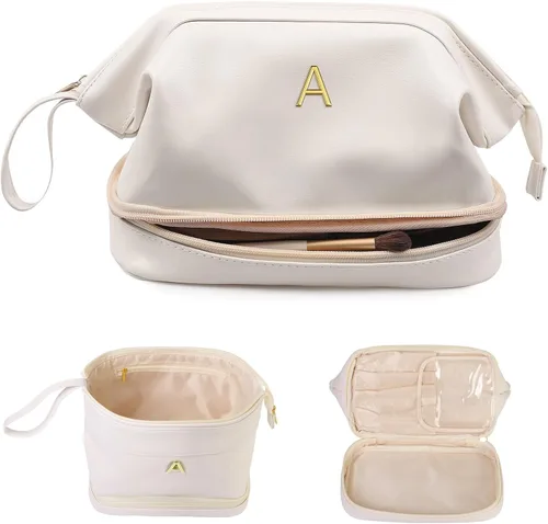 Miniatura 97 de Regalos para mujer, bolsa de maquillaje grande con inicial, artículos esenciales de viaje, bolsa de cosméticos personalizada de doble capa