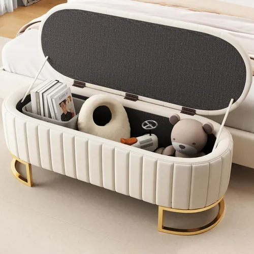 Miniatura 2 de Polibi Elegante otomana tapizada de terciopelo con botones, banco de almacenamiento con patas de metal para dormitorio, sala de estar, entrada, Beige