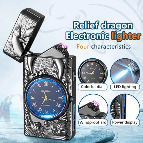 Miniatura 3 de GADATOP Encendedor eléctrico recargable a prueba de viento, encendedor de plasma con alivio de delfines 3D, reloj integrado con luz LED para uso