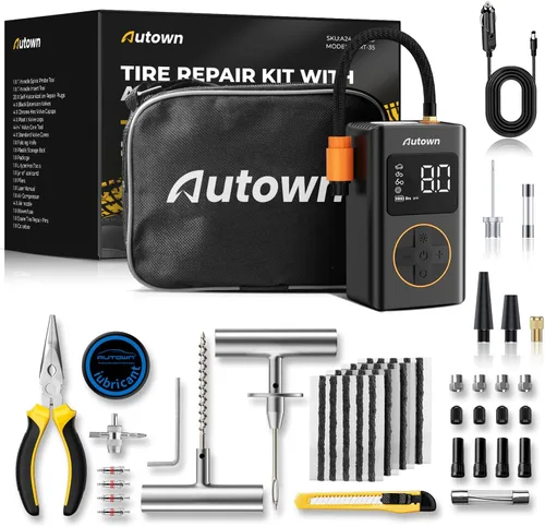 Kit de reparación de neumáticos planos Autown con compresor de aire, 54 piezas para reparación de neumáticos planos de coche, motocicleta, ATV,
