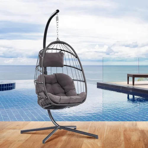 Miniatura 7 de Silla de huevo con soporte – Silla colgante de huevo de mimbre de ratán para dormitorio interior y exterior – Marco de aluminio resistente a la Azul