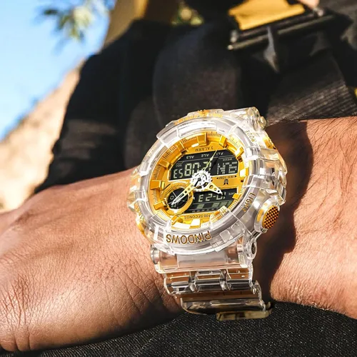 Miniatura 2 de Relojes PINDOWS para hombre, transparente dorado, analógico digital, doble hora, 50M resistente al agua, retroiluminación LED, multifuncional