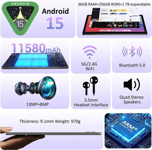 Miniatura 2 de Tablet Android 15 de 14 pulgadas 2025 con lápiz capacitivo, pantalla FHD 2K, 36 GB de RAM 256 GB ROM (1 TB TF), batería de 11580 mAh, MT6769 8