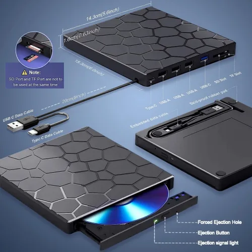 Miniatura 3 de Unidad externa de CD/DVD para portátil, reproductor de DVD portátil para portátil, 8 en 1 USB 3.0 CD/DVD-ROM +/-RW grabadora de CD, unidad de cd USB