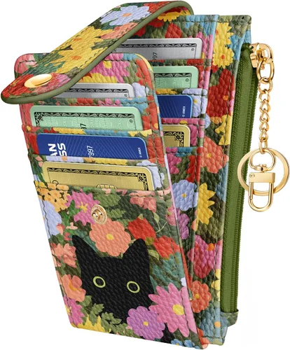 Miniatura 11 de Cartera delgada pequeña para tarjetas para mujeres – Linda cartera con llavero con bloqueo RFID que sostiene 7 tarjetas, diseño de moda de cuero