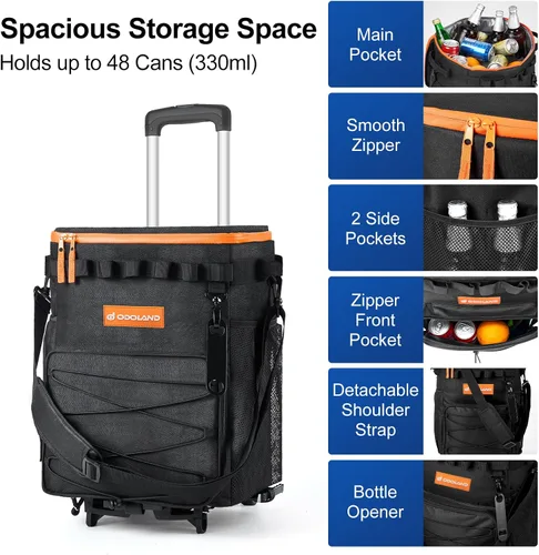 Miniatura 2 de Odoland 72 Can Rolling Cooler Bag with Wheels & Handle, Collapsible Insulated Ice Chest for Beach, Camping & Tailgating - Portable Travel Soft
