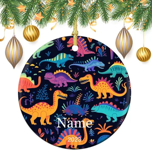 Miniatura 2 de Adorno colorido con patrón de dinosaurio de 3 pulgadas, adorno de Navidad de cerámica de 3 pulgadas, bonito adorno de Navidad de dibujos animados