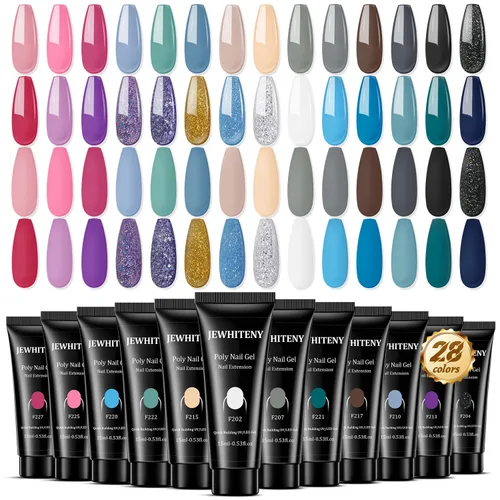 JEWHITENY Juego de gel para uñas de polivinilo de 28 colores - 15ml tonos desnudo, rosa, marrón, negro, gris, azul, amarillo para manicura francesa,