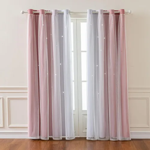 Miniatura 12 de FANLI 2 paneles de cortinas opacas de estrellas para dormitorio de niñas, sala de estar, rayas oscurecedoras, doble capa, estrellas caladas