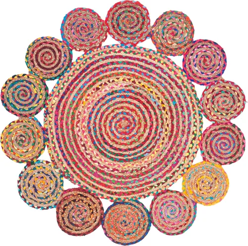 SAFAVIEH Cape Cod Collection CAP211Q - Alfombra redonda de 4 pies, redonda, roja, multicolor, hecha a mano, estilo bohemio, trenzada de yute y