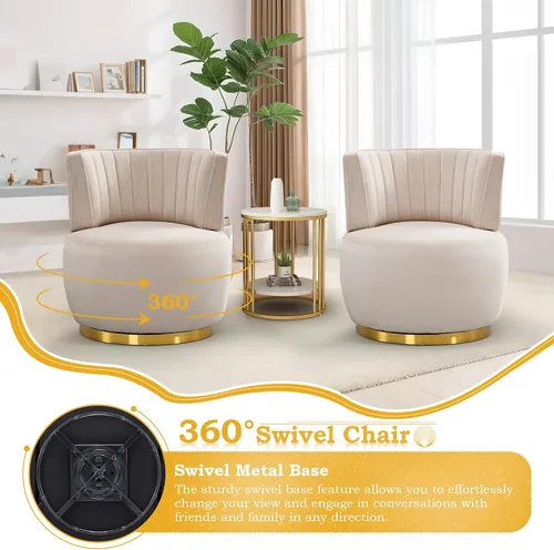 Miniatura 4 de SLEERWAY Silla giratoria de 360°, moderna silla decorativa redonda de terciopelo, cómoda silla pequeña tapizada con base de metal dorado para sala