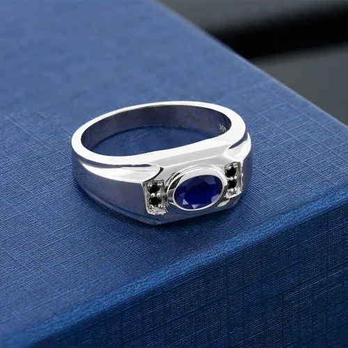 Miniatura 3 de Gem Stone King Anillo de plata de ley 925 con zafiro azul y diamante negro para hombre