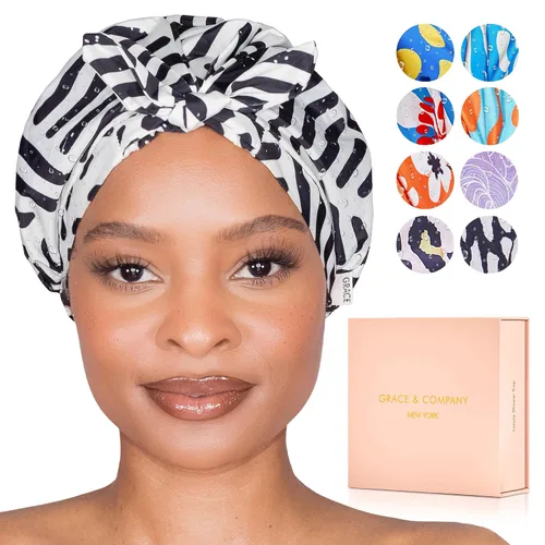 Miniatura 9 de GRACE & COMPANY Gorro de ducha de lujo para mujer, 100% impermeable, reutilizable, lavable y transpirable, diseño de pájaros del paraíso