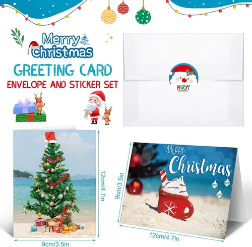 Miniatura 4 de Ctosree 60 juegos de tarjetas de felicitación de Navidad en julio, verano, estilo playa, a granel, con sobres y calcomanías para suministros