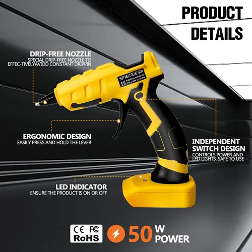 Miniatura 7 de Pistola de pegamento caliente inalámbrica para DeWalt, pistola de pegamento de mano compatible con batería de iones de litio DeWalt de 18/20 V