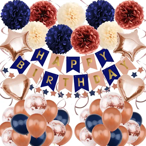 Miniatura 11 de ZERODECO Decoraciones de cumpleaños, decoraciones de fiesta azul marino y dorado con pancarta, pompones, globos para niños, niñas, hombres y mujeres
