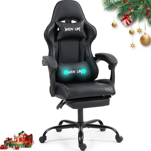 Silla de juegos con reposapiés para adultos, silla de videojuegos de carreras de piel sintética con soporte lumbar, para hombres y mujeres, silla de