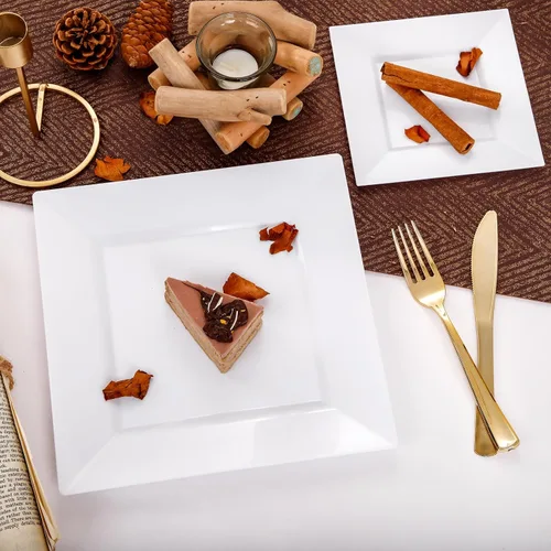 Miniatura 9 de Liacere 100 piezas de platos cuadrados de plástico blanco - 50 piezas de platos de cena resistentes de 9.5 pulgadas y 50 piezas de platos de postre