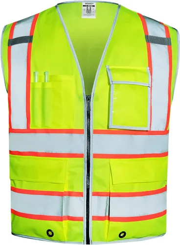 SKSAFETY Chaleco de seguridad de 10 bolsillos, clase 2 de alta visibilidad con cremallera, chaleco de alta visibilidad con tiras reflectantes,
