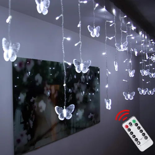 Miniatura 8 de Luces de cortina de mariposas, 13 pies, 96 luces LED USB, luces de hadas para ventana, 16 mariposas, 8 modos, luces de luciérnaga, centelleo, Blanco