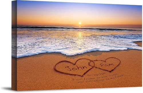 Miniatura 24 de Corazón y corazón en hermoso amanecer fotos personalizadas únicas o impresiones en lienzo con nombres de pareja y fecha especial en la playa, regalo