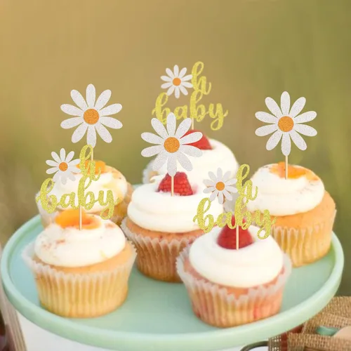 Miniatura 5 de Paquete de 24 adornos para cupcakes Daisy Oh Baby White Daisy para cupcakes temáticos boho Groovy Daisy, revelación de género de bebé, flores