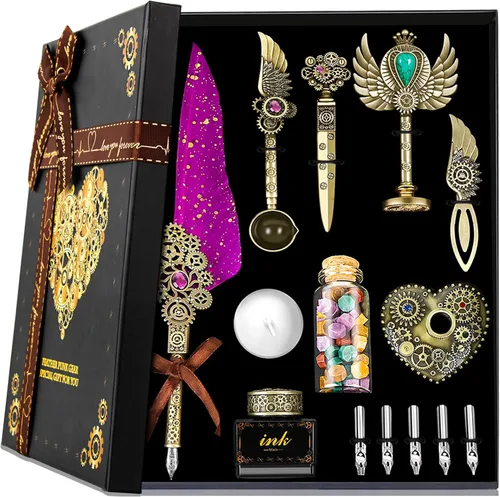 Aifeiter Juego de tinta de pluma de plumas - Juego de caligrafía, sello de cera, tinta morada, hermoso regalo, regalos de Navidad Púrpura