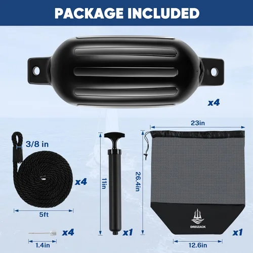 Miniatura 6 de Dreizack Boat Fenders 4 Pack, Boat Bumpers for Docking with 4 Ropes, Inflatable Ribbed Marine Pontoon Boat Fender Bumper for Docks with 1 Storage