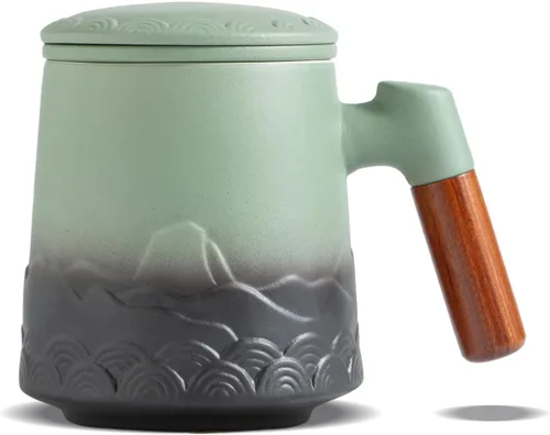 Miniatura 17 de ZENS Taza de Té de Cerámica en Relieve con Infusor y Tapa, 14.5 oz, Asa de Madera, Tazas Infusoras de Té de Hojas Sueltas y Colador para Regalos