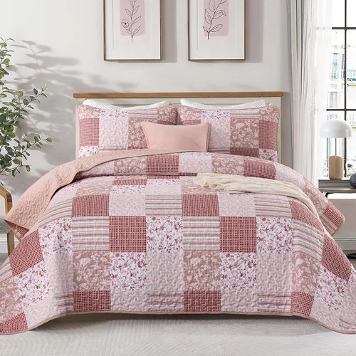 Miniatura 15 de Mybedsoul Juego de edredón bohemio beige tamaño individual, juego de colcha floral a cuadros de 3 piezas, juego de ropa de cama reversible