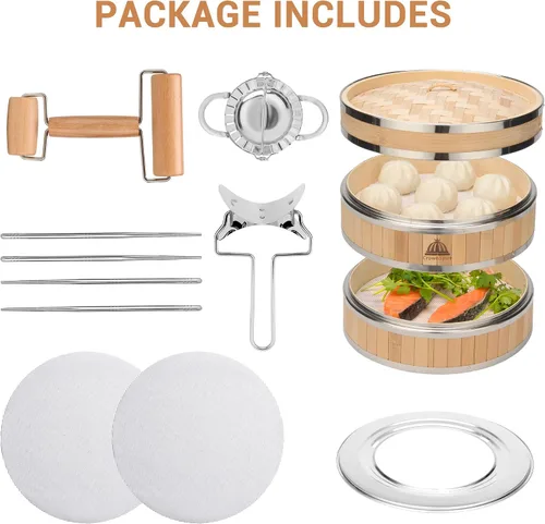 Miniatura 4 de Cesta para cocinar al vapor de bambú de 2 niveles Cesta para cocinar al vapor de bambú con forro reutilizable de silicona Kit de dim sum