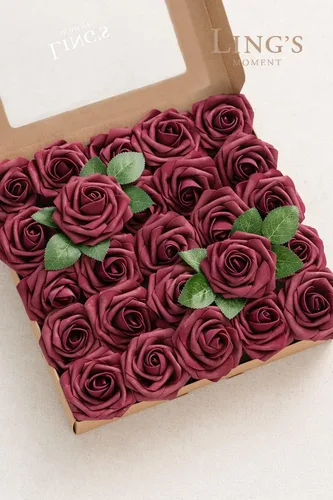 Miniatura 7 de Ling's moment Flores artificiales, 50 piezas de rosas burdeos decorativas con tallos, 3 pulgadas de tacto real, espuma floral DIY para ramo de Rd