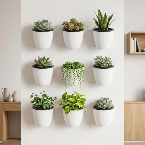 Miniatura 8 de Jucoan Paquete de 9 macetas colgantes de pared de riego automático para plantas de interior, maceta perezosa de plástico blanco de 5 pulgadas con 9